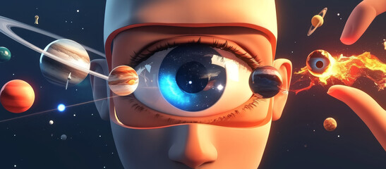 Futuristic Surreal Eye in Space with Planetary Elements and Cosmic