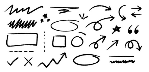 Hand drawn arrows doodles vector. Set of hand drawn arrows scribble doodles, lines, pointers, rectangle, circles, check box, dividers, stars, quotations etc