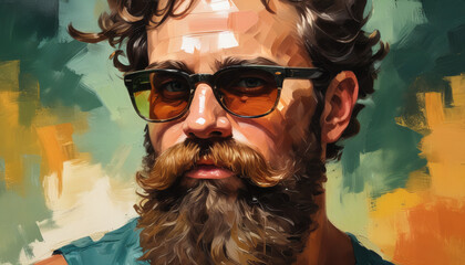 Trendy Hipster with Beard and Sunglasses - Vibrant Digital Portrait of a Stylish Man with Retro Look and Colorful Background - Perfect for Fashion, Modern Art, and Hipster Lifestyle Themes