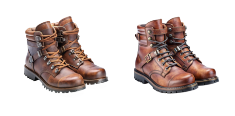 Two pairs of stylish brown boots.Stylish boots in brown, two pairs on transparent PNG image.