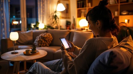 Person using a smartphone to control smart lighting in a cozy living room, demonstrating the convenience of IoT devices in enhancing home ambiance