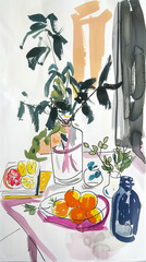 Illustration of still life with fruits and vegetables