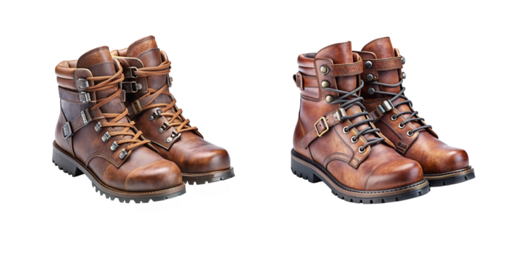 Two pairs of stylish brown boots.Stylish boots in brown, two pairs on transparent PNG image.