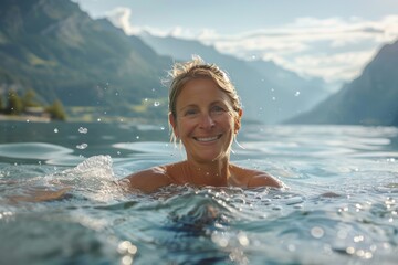 Obraz premium smiling woman in her fifties is swimming at the lake, with mountains and water splashes