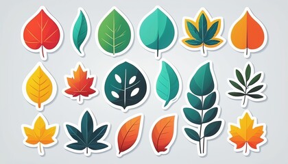 Fototapeta premium Modern Leaves Collection: Cute Cartoon Stickers with White Frame