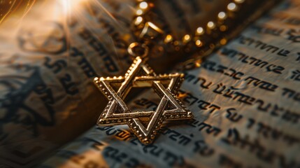 Fototapeta premium Jewish Star of David pendant resting on an open Torah, highlighting the rich heritage and spiritual significance in Judaism, suitable for educational and religious content