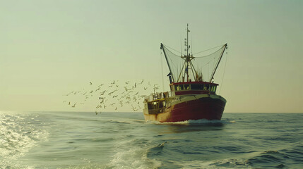A large fishing boat is sailing in the ocean with a flock of seagulls flying in