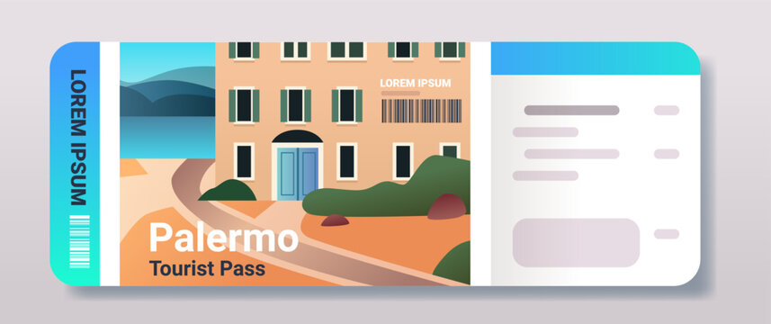 Travel ticket design with a scenic coastal building mountains and path in a minimalist style vibrant colors modern layout