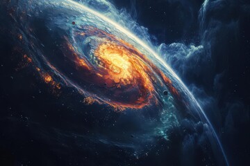 Fototapeta premium Gas giant planet with stormy atmosphere close up, focus on, copy space striking colors, double exposure silhouette with navigator