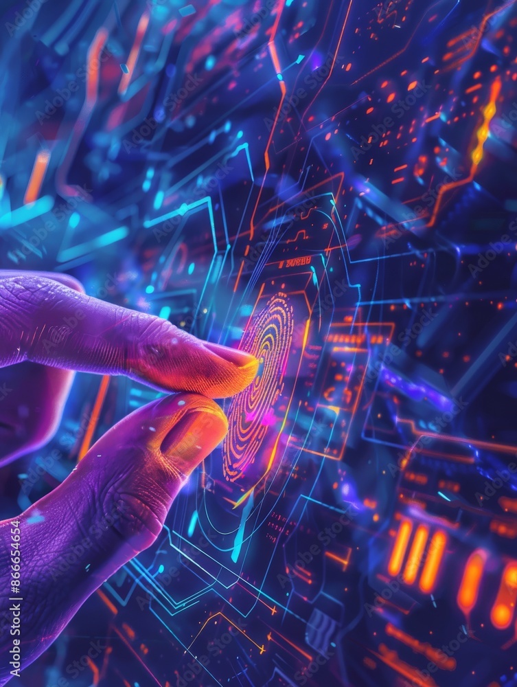 Poster a hand interacting with a digital fingerprint scanner on a futuristic interface