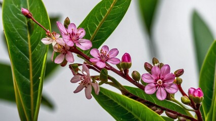  green leave and a small pink flower on a white background