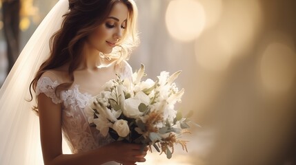 Beautiful bride in a white gown cradling a bouquet of eucalyptus and white flowers.