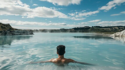 man on his back in a hot spring lake surrounded by mountains