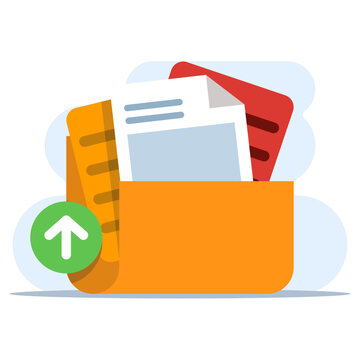 recommend clip art: concept of Uploading office files in flat style. Uploading office document icon. File upload tasks for business and presentations, Documents from computer folders, business archives. Job files.