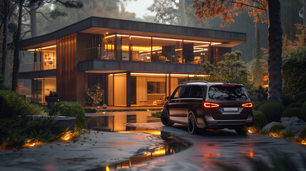 Obraz premium Car parked in front of a luxurious villa in the evening