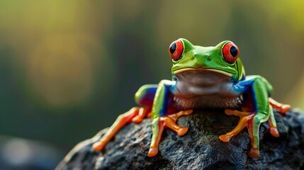 Fototapeta premium realistic nature photography of colorfull frog standing on a rock