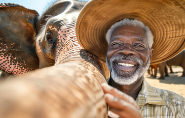 Elderly black man petting elephant. Vacation holiday in summer with Wild elephant sanctuary. Elephant conservation and protection. Large zoo animal with people. 