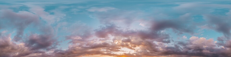 Obraz premium 360 panorama of glowing sunset sky with bright pink Cumulus clouds. HDR 360 seamless spherical panorama. Full zenith or sky dome sky replacement for aerial drone panoramas. Climate and weather change.