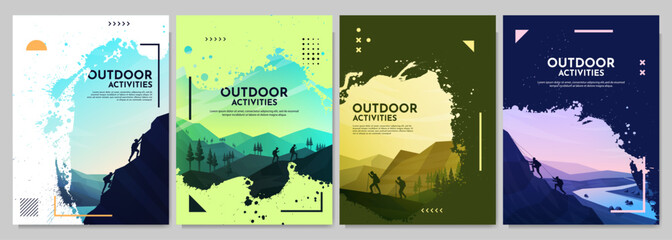 Vector illustration. Travel concept of discovering, exploring and observing nature. Hiking trip. Climbing. Adventure tourism. Design for brochure, magazine, book cover, invitation, poster, card, flyer