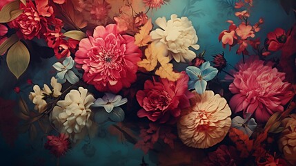beautiful fantasy vintage wallpaper Colorful pretty disco retro vibes botanical flower bunch,vintage motif for floral print digital background.