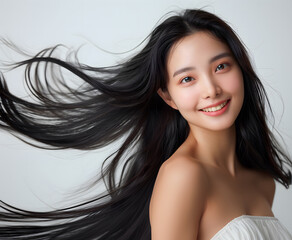 A young woman with a bright smile and beautiful, flowing black hair. Ideal for advertising shampoo, conditioner and cosmetic products. This image emphasizes the beauty and elegance of nature.