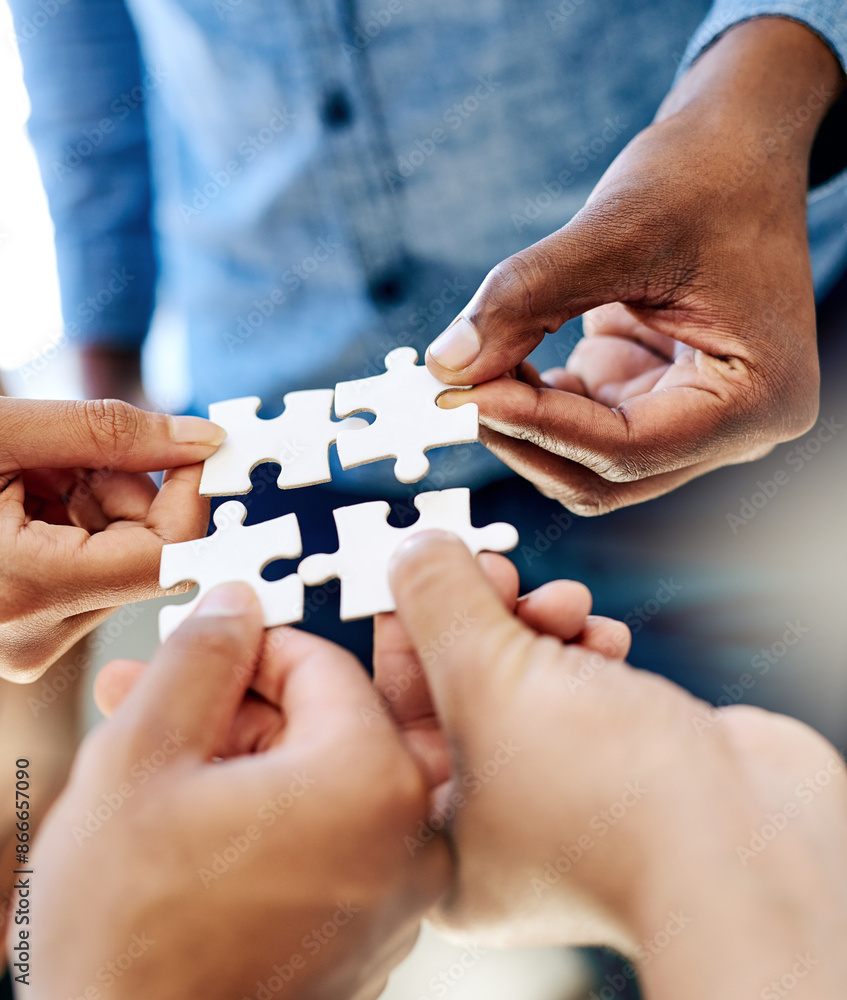 Poster Business hands, people and puzzle for problem solving, collaboration and integration with project solution. Creative group in circle with game for team building, planning or brainstorming of workflow