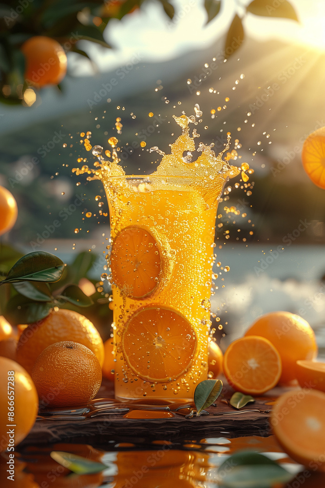 Sticker Fresh orange juice in glass with orange and splash