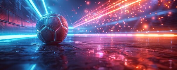 Futuristic neon sports poster for soccer, baseball, football, handball tournaments with glowing details and mechanical digital background for cyber gaming.