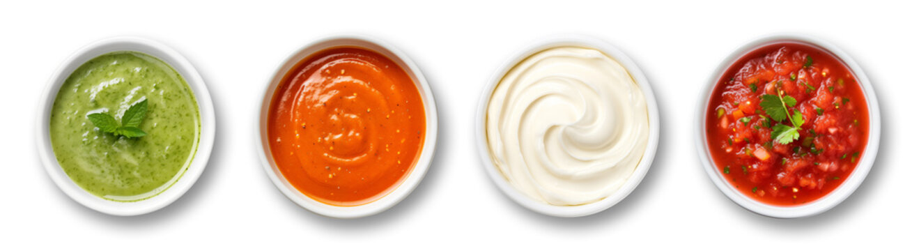 various dipping sauces in a bowl isolated on transparent or white background, png