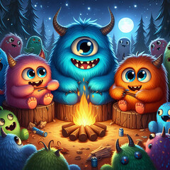 illustrations of friendly, fuzzy monsters  around the campfire with trees and stars