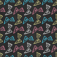 Seamless Grunge Pattern of Chalk Drawn Sketches Triangular Zigzag Scribbles on Chalkboard Backdrop. Abstract Linear Print.