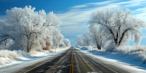 Scenic Snowy Drive: Frosty Trees Alongside the Road