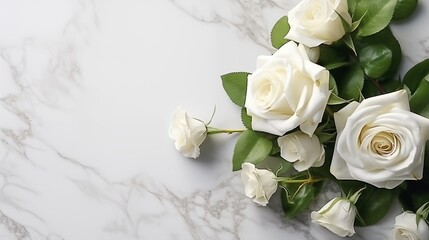 Beautiful white flowers, roses, over marble background. Bouquet of flowers at cemetery , funeral concept.