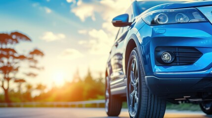 Fototapeta premium New Blue SUV Vehicle in Bright Sunshine