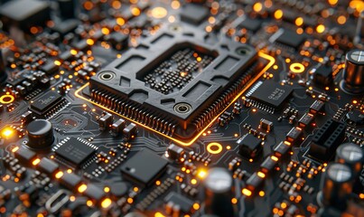 Fototapeta premium Advanced microchip or CPU closeup with AI technical details as wide banner design, leaving copy space.