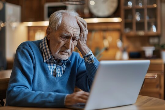 Frustrated senior man with laptop in home setting, struggling with technology