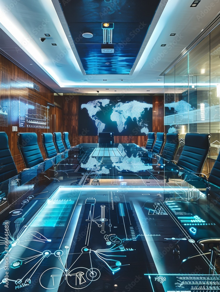 Poster Futuristic Conference Room With Interactive Table and World Map Display