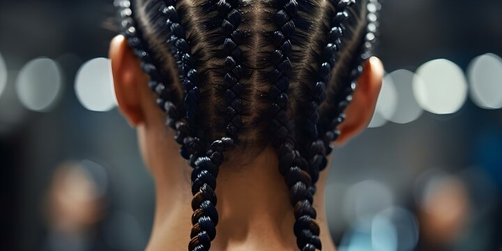 Detailed closeup of two stylish cornrow braids on the back of a head. Concept Hairstyle, Close-up, Cornrow Braids, Stylish, Detailed Shot
