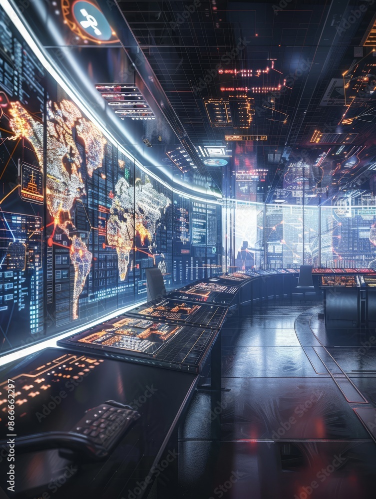 Poster futuristic control room with global data visualization