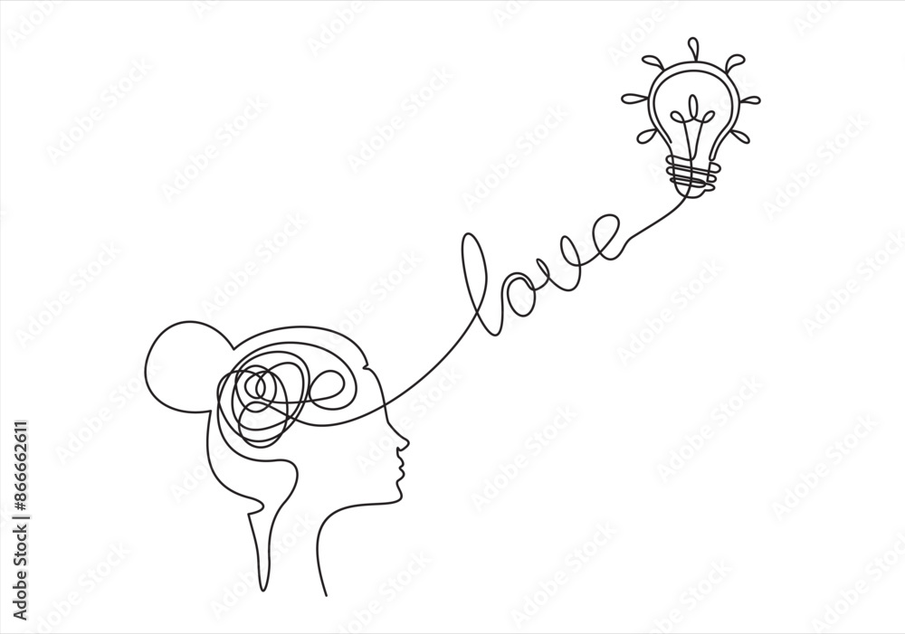 Poster business idea line icon. continuous one line with curl. light bulb symbol. human head sign. idea sin
