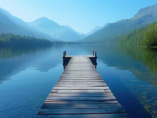 A serene lakeside view with calm waters, a wooden dock, and mountains in the distance