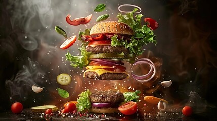 Tasty burger components deconstructed, each floating around the central stack, highlighting the quality of ingredients