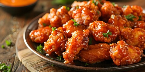High pile of boneless chicken wings in spicy buffalo and mild orange sauce. Concept Chicken Wings, Buffalo Sauce, Orange Sauce, Spicy, Mild