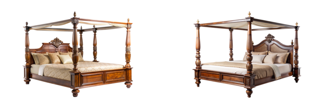 Two different four-poster beds, blend modern and traditional designs beautifully on a transparent background. - Powered by Adobe