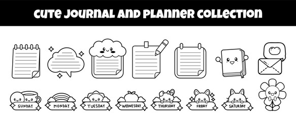 Cute journal and planner outline vector illustration set