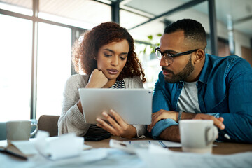 Tablet, budget or couple with financial review, investment growth and planning savings online in...