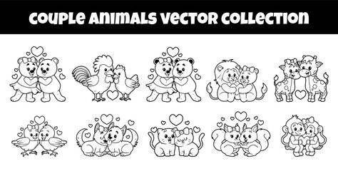 Set of couple animals outline vector illustration