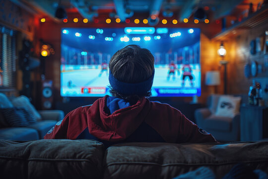An individual is seated comfortably and engrossed in an exciting ice hockey game on a large-screen TV, set within the cozy confines of a warmly lit room during winter.