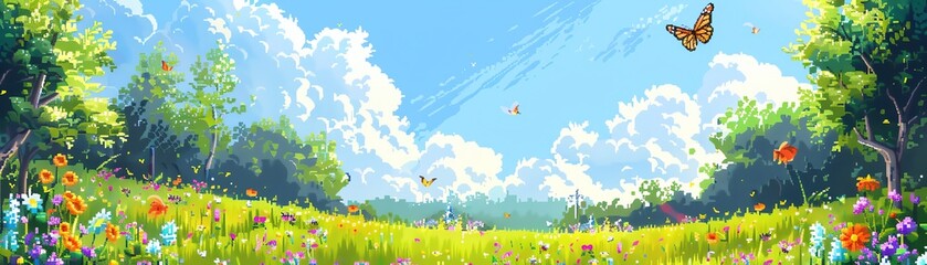 Beautiful sunny meadow with blooming flowers and butterflies, under a vibrant blue sky with fluffy white clouds. Perfect for nature backgrounds.