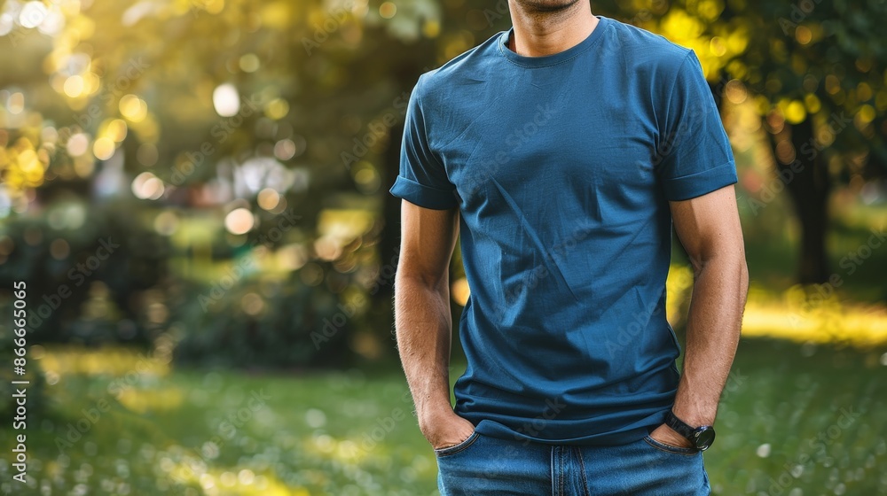 Sticker A man in a blank blue t-shirt stands in a park with green grass and trees